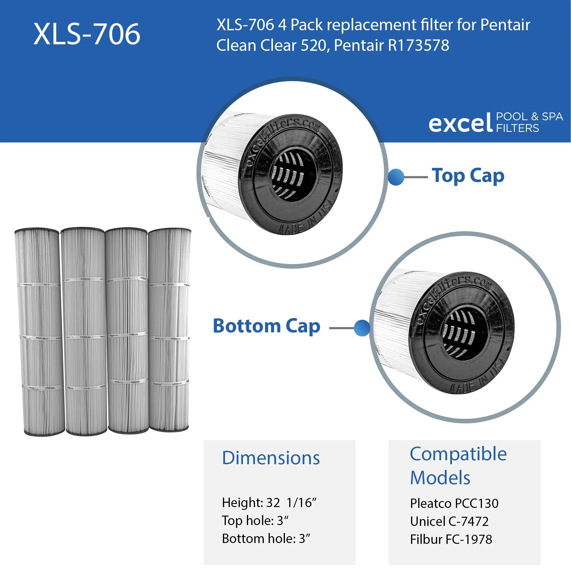 XLSize-706 4 Pack Replacement Filter for Pentair Clean Clear 520, Pentair R173578. Also Replaces Unicel C-7472, Filbur FC-1978, Pleatco PCC130