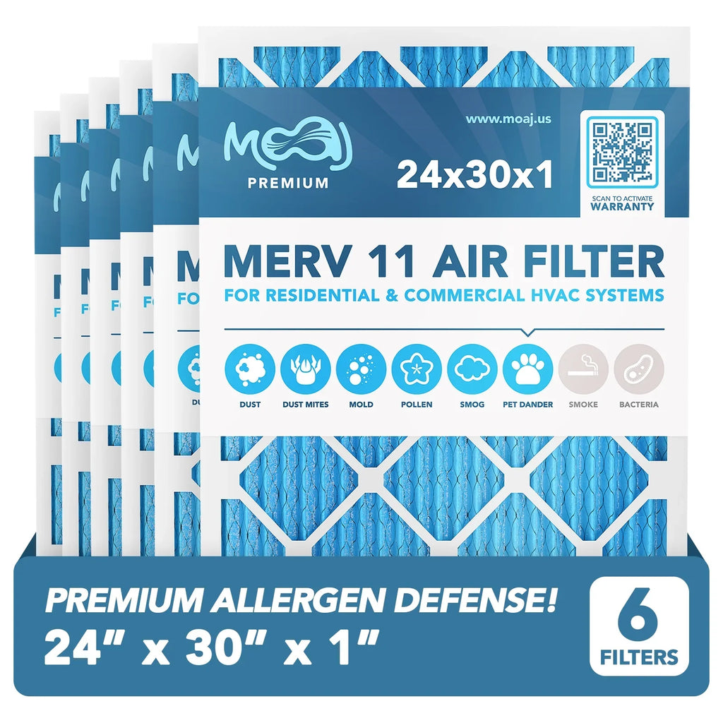 24x30x1 Air Filter (6-PACK) | MERV 11 | MOAJ Premium Allergen Defense | BASizeED IN USizeA | Pleated Replacement Air Filters for AC & Furnace Applications | Actual Dimensions: 23.70" x 29.70" x 0.75" (in.)