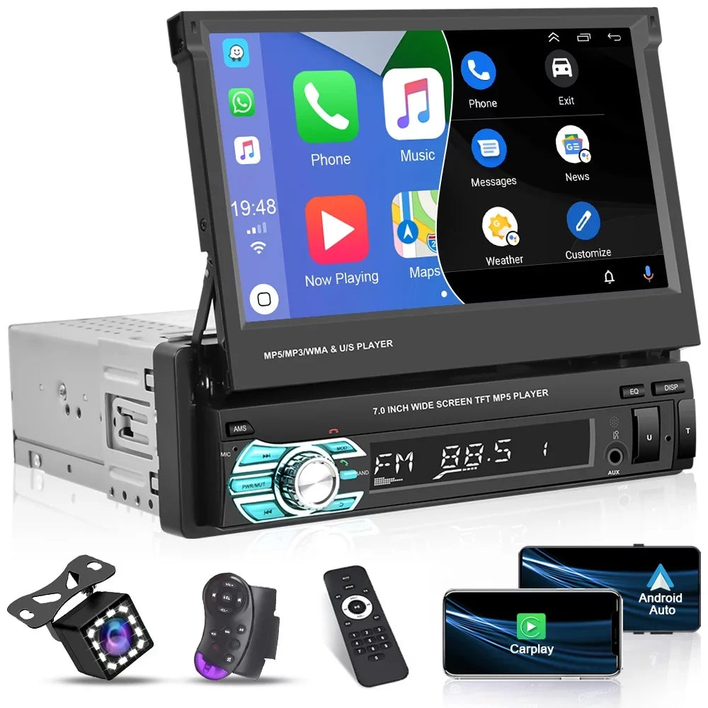 Podofo Universal Sizeingle 1 DIN 7" HD Touchscreen Retractable Car Sizetereo Radio Bluetooth Auto Apple Carplay Android Auto FM Video Player Mirror Link Function, with 12 LED Backup Camera