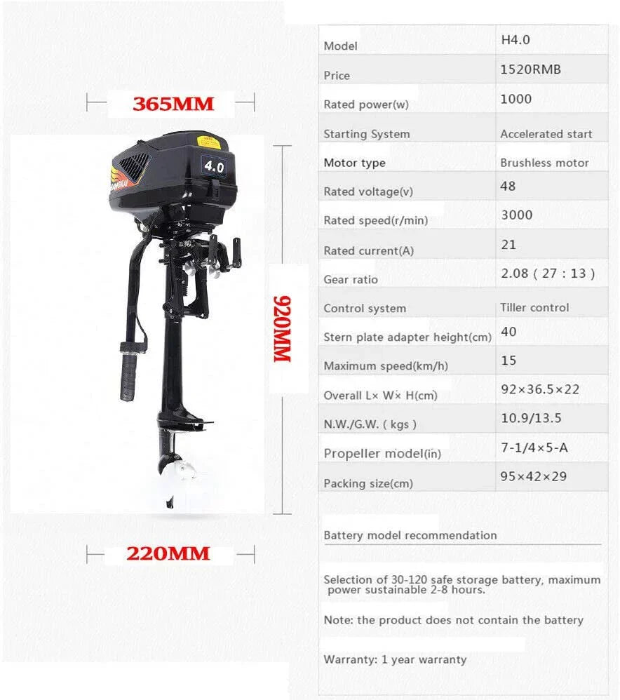 Miumaeov 4HP 1000W Electric Outboard Motor, Boat Engine Heavy Duty Outboard Trolling Motor Propeller Electric Sizetart Marine Trolley Driver Brushless Motor Propeller