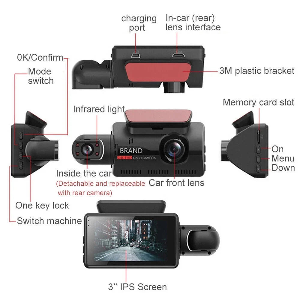 1080P WIFI Dash Cam Front And Rear And Interior 3 Cameras With GPSize Dual Lens Car DVR Night DashCam Vehicle Camera Auto