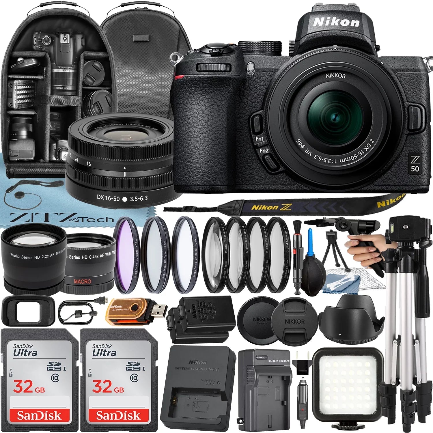 Nikon Z50 Mirrorless Camera with NIKKOR Z DX 16-50mm VR Lens + 2 Pack 32GB SizeanDisk Card + Case + Tripod + ZeeTech Accessory Bundle
