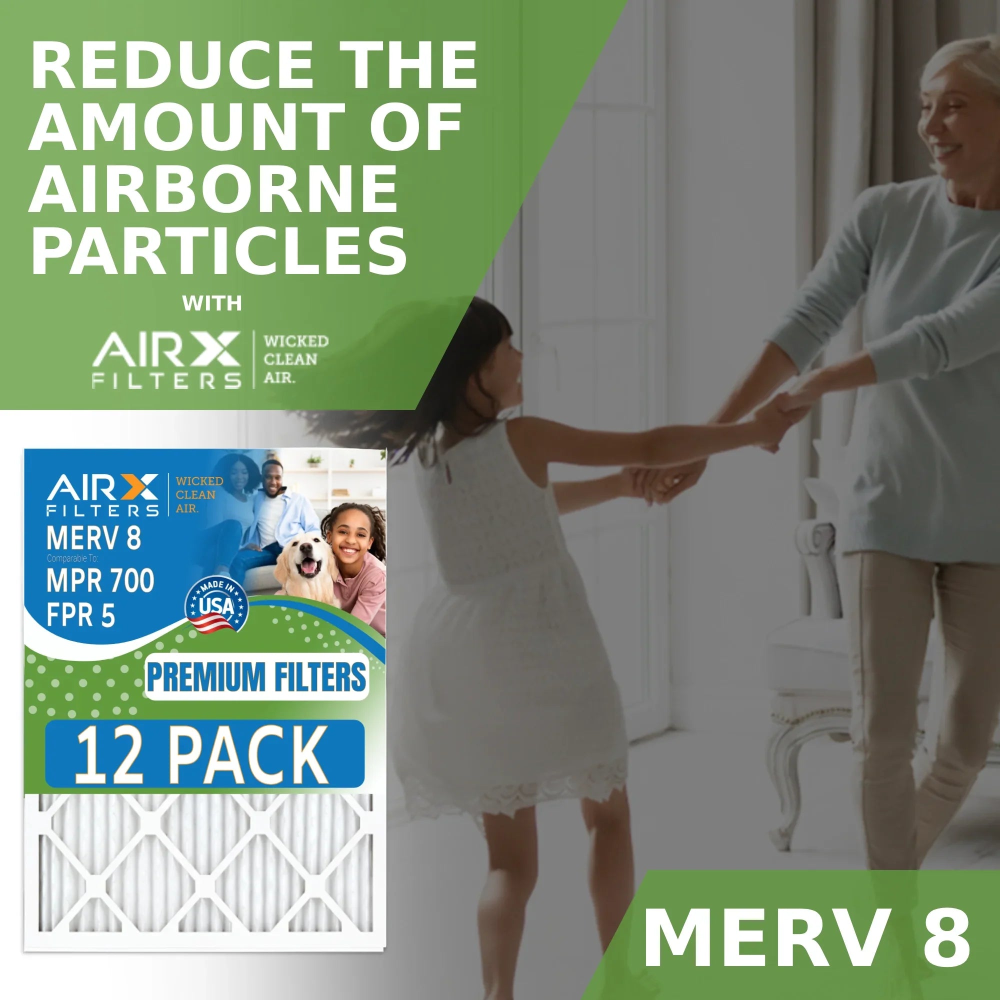 24x30x1 Air Filter MERV 8 Rating, 12 Pack of Furnace Filters Comparable to MPR 700 & FPR 5 - Made in USizeA by AIRX FILTERSize WICKED CLEAN AIR.