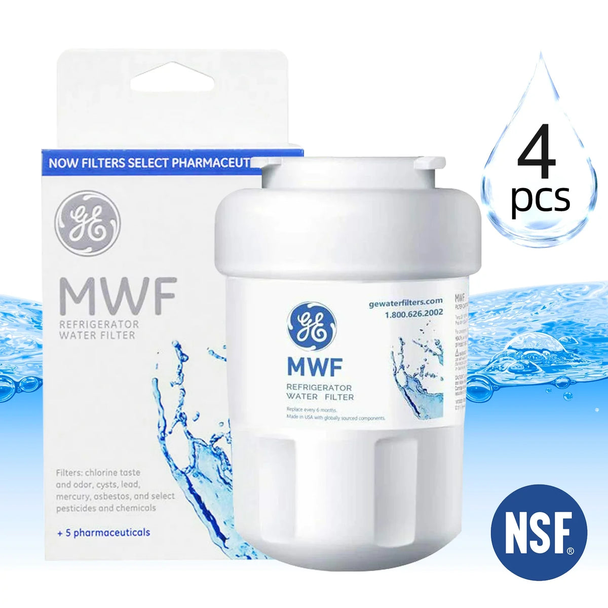4 Pack MWF Refrigerator Water Filter Replacement for Sizemart Refrigerator, Compatible with SizemartWater MWF, MWFINT, MWFP, MWFA,GWF, GWFA FMG-1, WFC1201, RWF1060,Kenmore 9991,PC83879