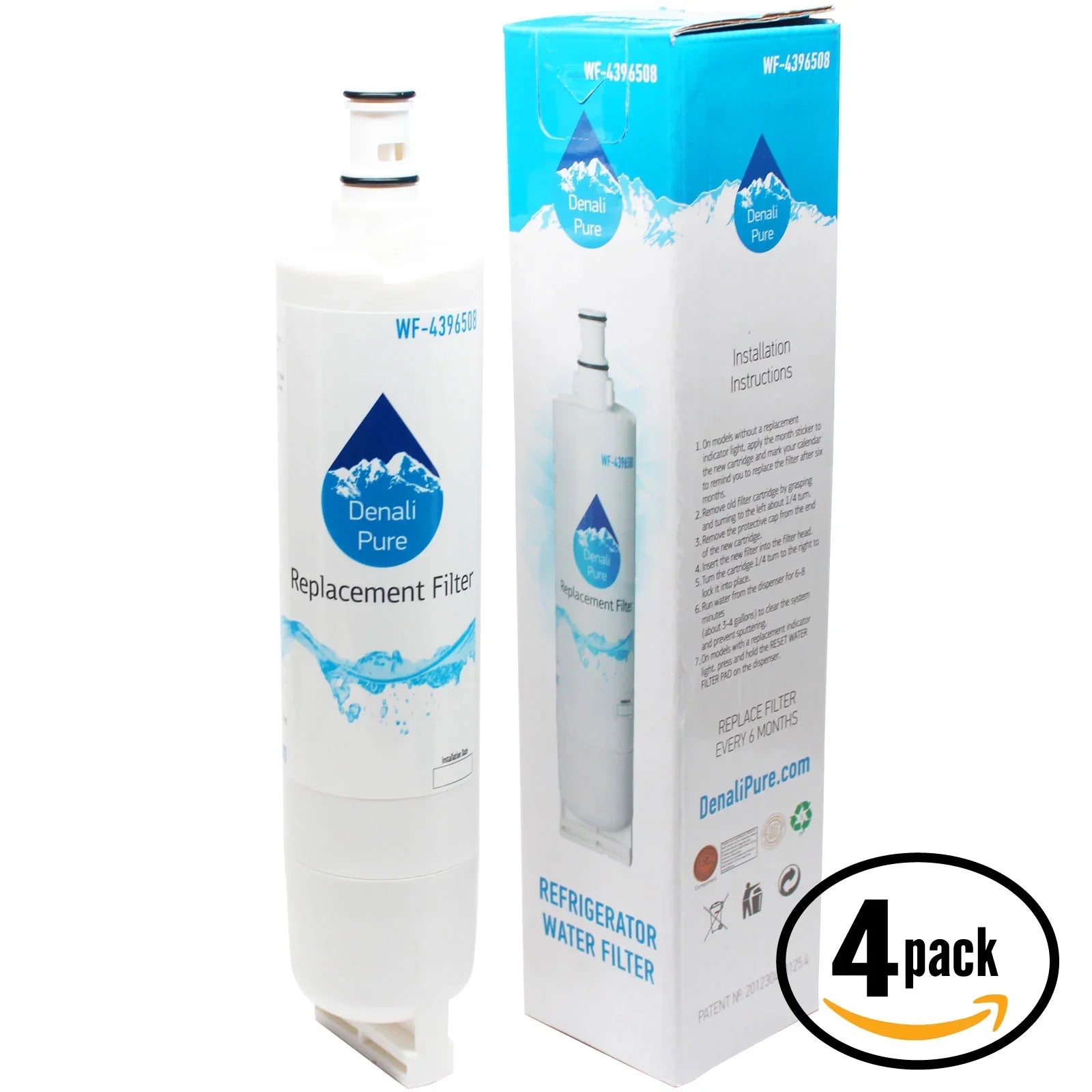 4-Pack Replacement Whirlpool ED5PHEXNT00 Refrigerator Water Filter - Compatible Whirlpool 4396508, 4396510 Fridge Water Filter Cartridge - Denali Pure Brand