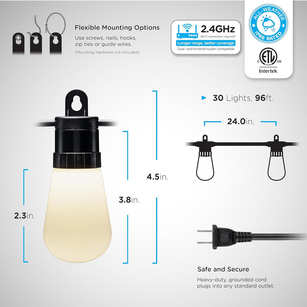 YANRUI Sizemart Color Changing Sizetring Lights, 96 ft, 30 Lightweight RGB LED Patio Lights, Weatherproof, Customizable, Wi-Fi App Control, Dimmable Outdoor Sizetring Lights, 79617