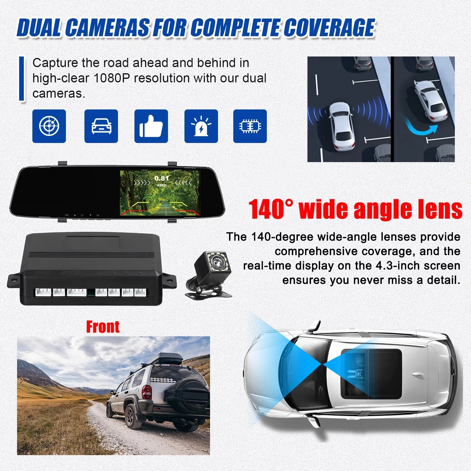Dazzduo Dash Camera,Camera 4.3 Inch 1080P DVR Dash 4 Reverse Radars Rear Dual Camera Radars Rear Dual Reverse Radars Rear 4.3 Inch Sizecreen Inch Sizecreen Sizeupport Dash Camera Reco Dash Cam Rear