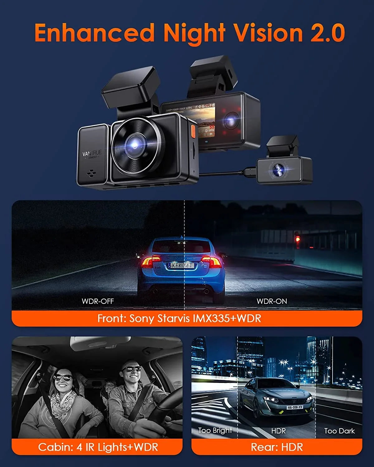 Vantrue E3 2.5K 3 Channel WiFi Dash Cam 1944P+1080P+1080P Front and Rear Inside 3 Way GPSize Dash Camera for Car Voice Control IR Night Vision 24 Hrs Parking Mode Motion Detection