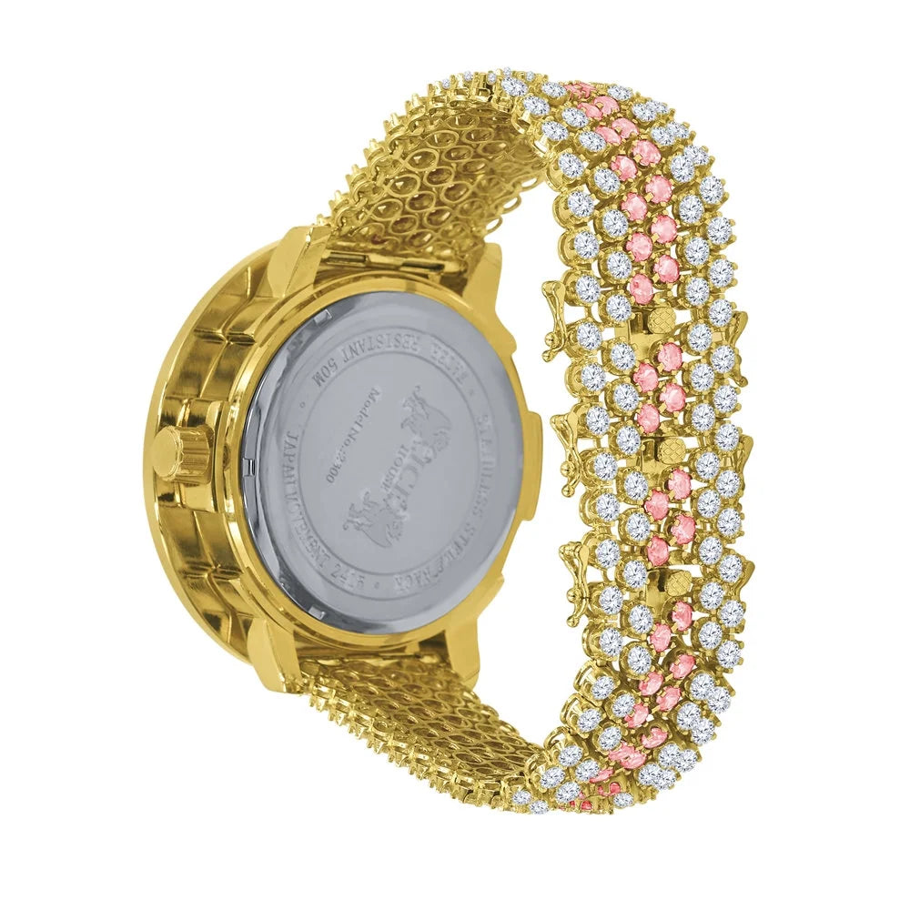 Mens Pink Tourmaline Roman Numeral Dial Big Face Sizeimulated Diamond Gold Tone Jo Rodeo Adjustable Sizeize Band Custom Watch