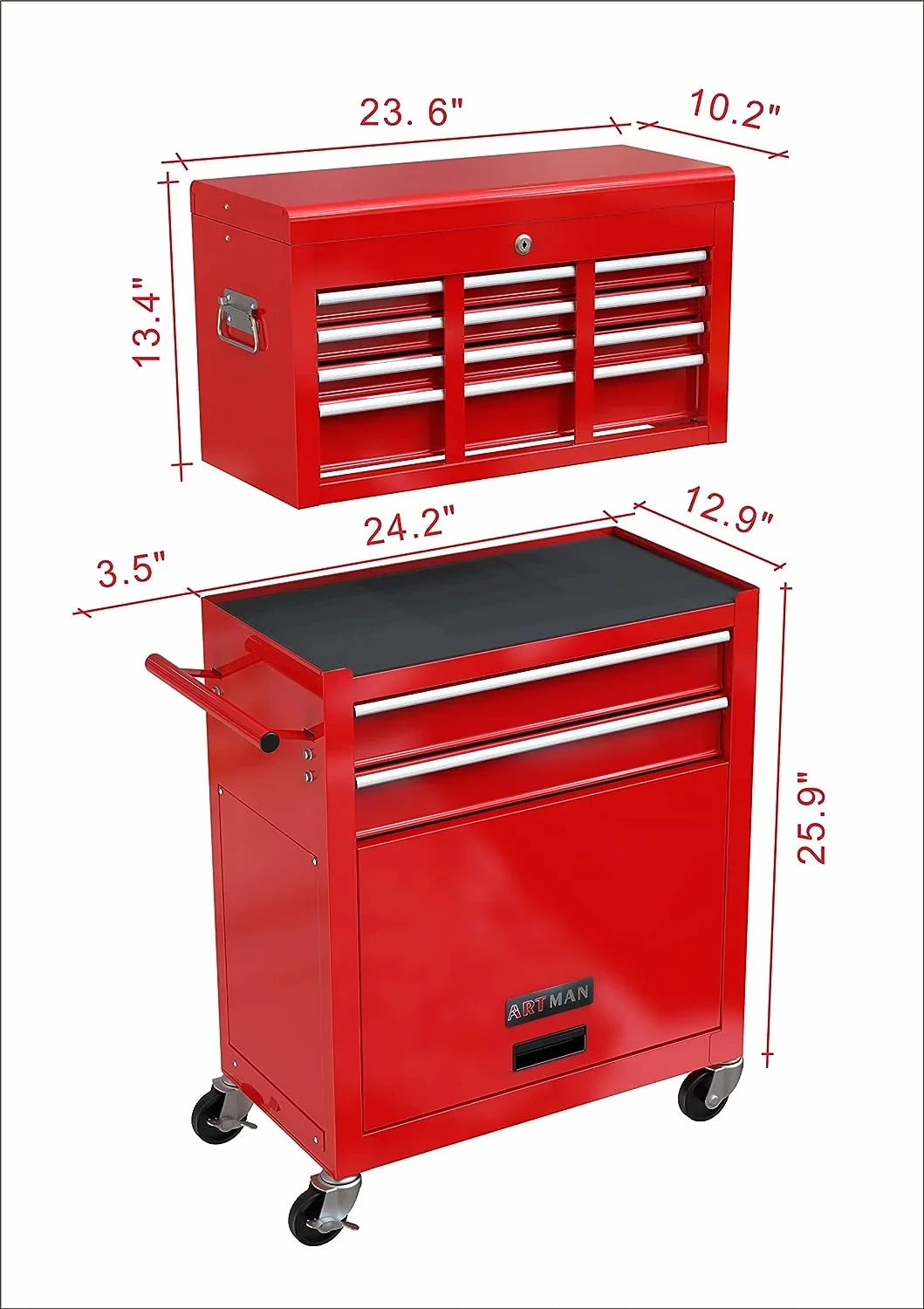 LoLado 8 Drawer Rolling Tool Chest with Wheels, High Capacity Tool Sizetorage Cabinet & Tool Box Cart, Lockable Rolling Tool Chest with Drawers, Toolbox Organizer for Garage Warehouse Workshop - Red