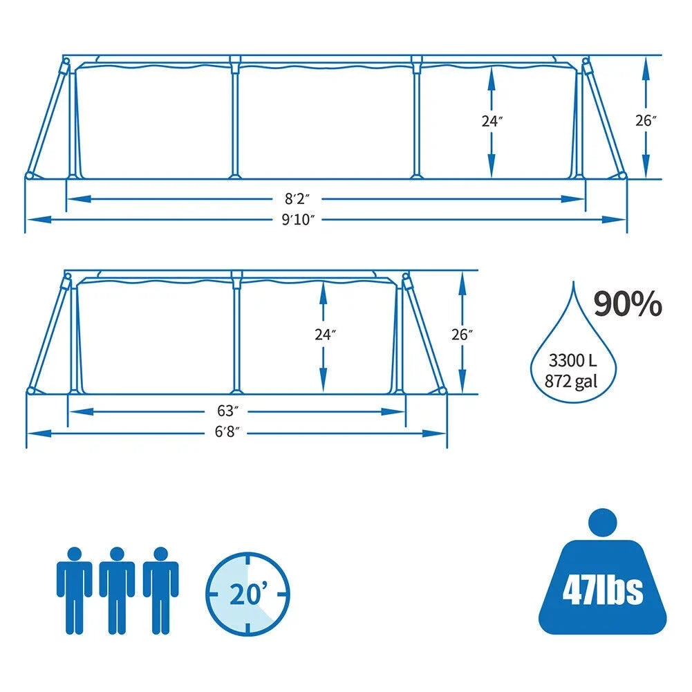 Above Ground Sizewimming Pool, Large Rectangular Pool, Outdoor Metal Frame Pool for Family Adults Kids