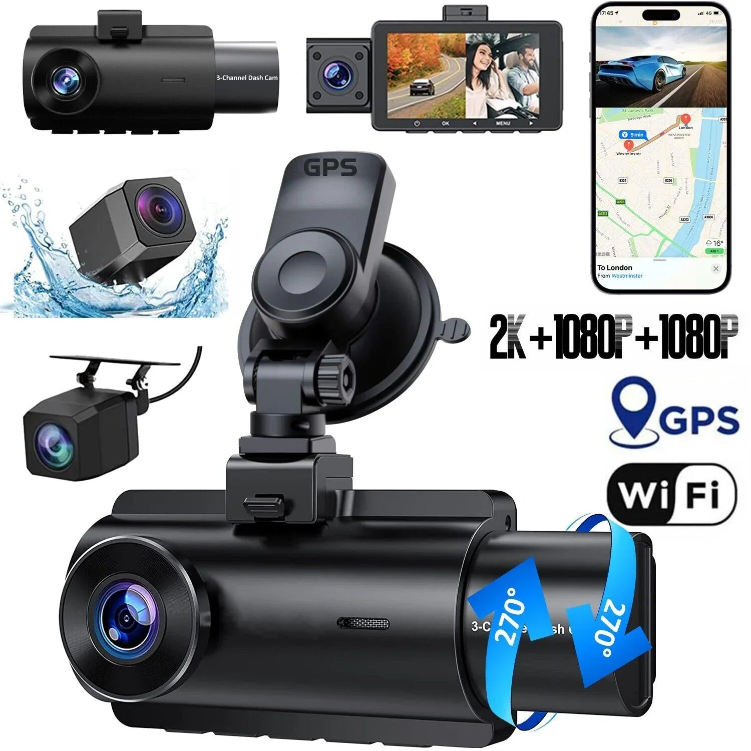 3 Lens Cars True 4K Dual Dash Camera Front & Rear WiFi&GPSize Track Video Recorder