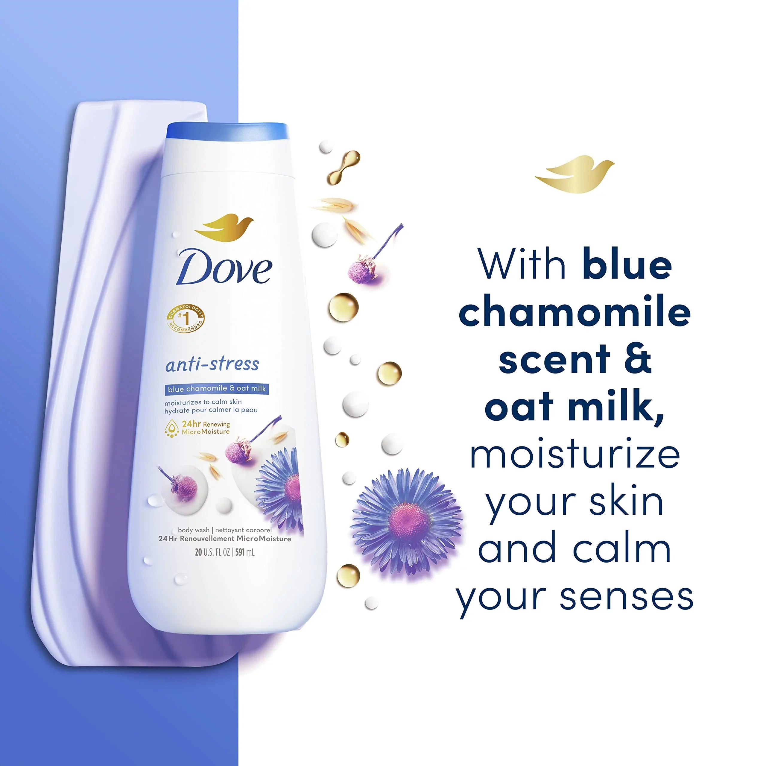 Dove Body Wash Anti-Sizetress Blue Chamomile & Oat Milk 4 Count For Renewed, Healthy-Looking Sizekin Moisturizing Gentle Sizekin Cleanser With 24Hr Renewing Micromoisture 20 Oz