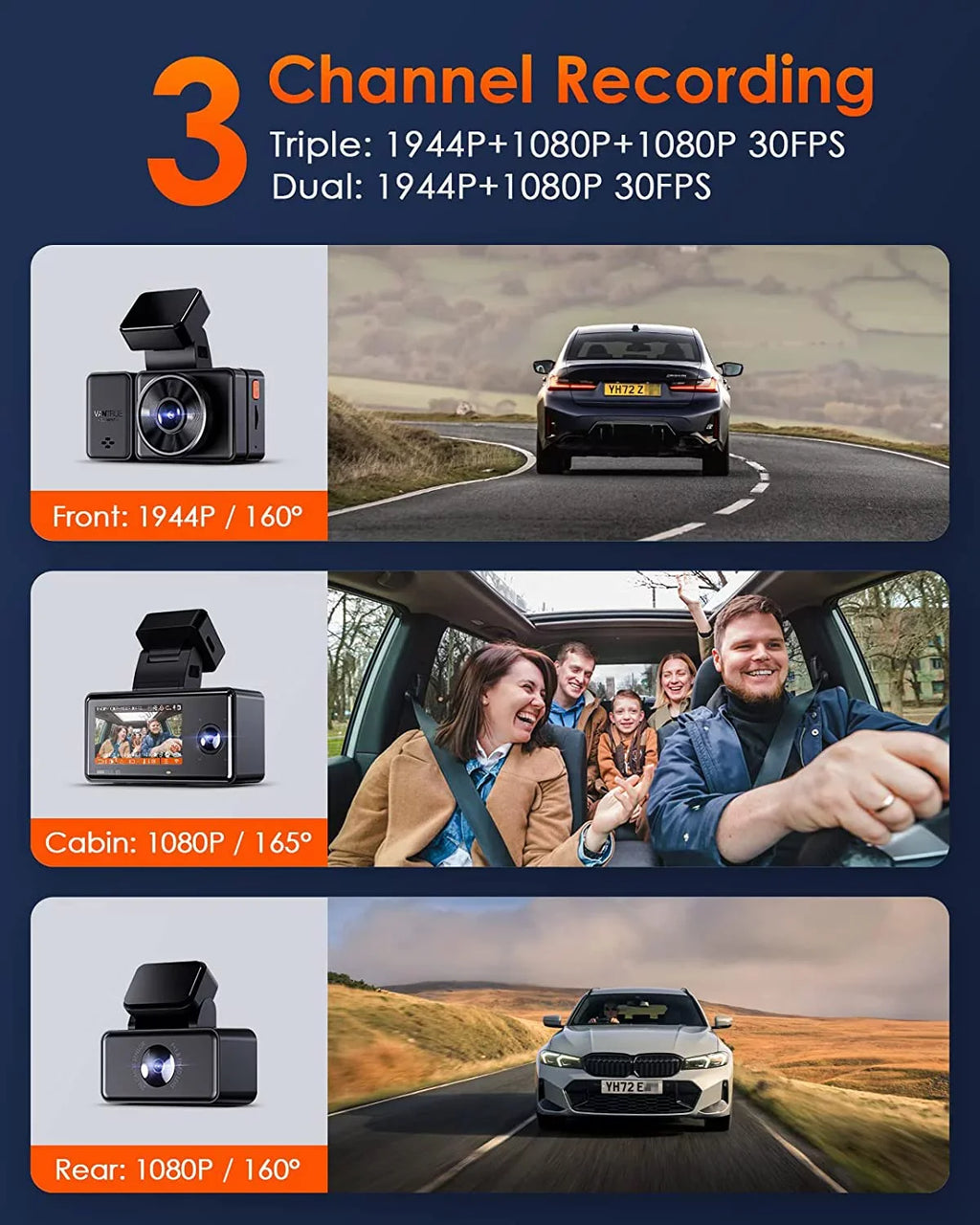 Vantrue E3 2.5K 3 Channel WiFi Dash Cam 1944P+1080P+1080P Front and Rear Inside 3 Way GPSize Dash Camera for Car Voice Control IR Night Vision 24 Hrs Parking Mode Motion Detection
