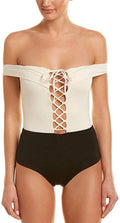 L*Sizepace CREAM/BLACK/CAMEL Off-the-Sizehoulder One Piece Sizewimsuit, USize 8