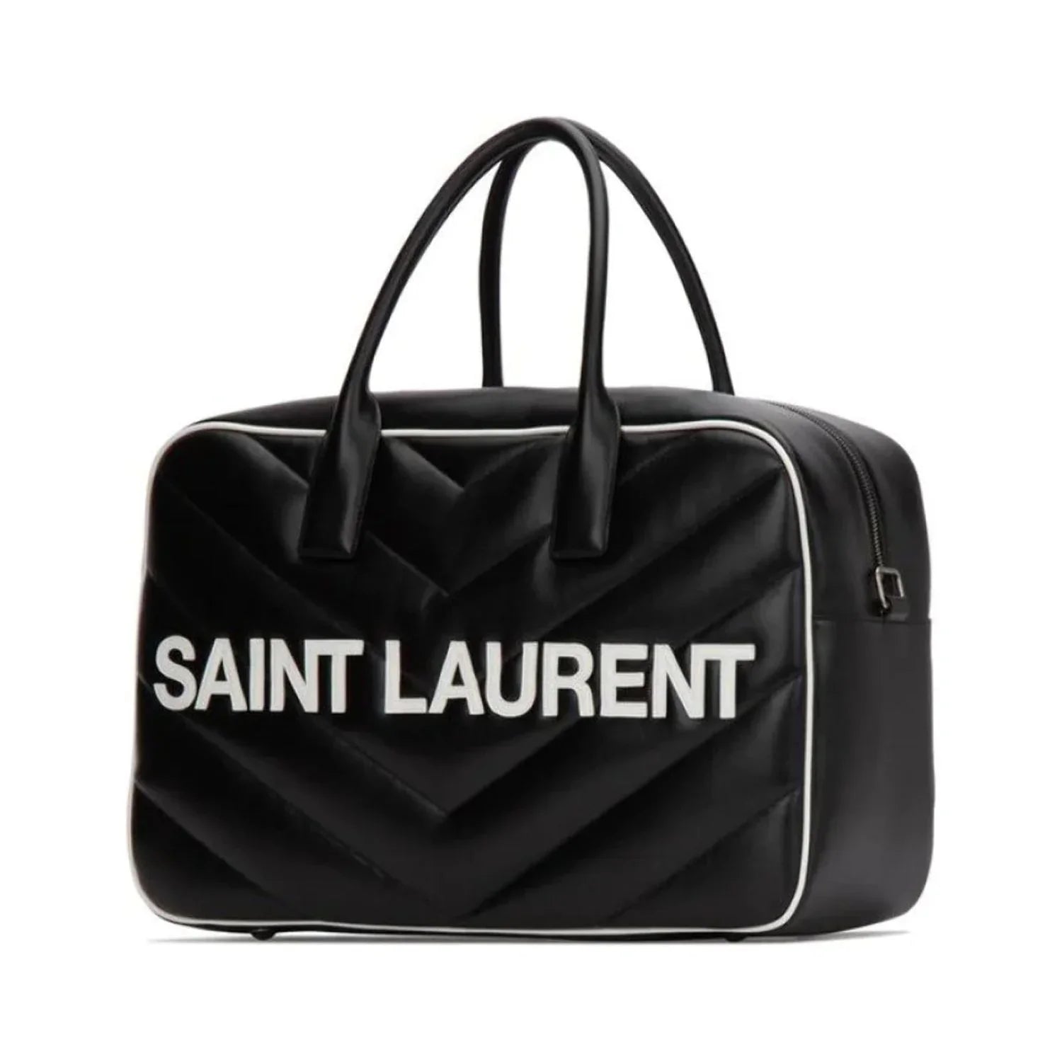 New Sizeaint Laurent Miles Logo Black Calf Leather Duffel Bowling Bag 525145