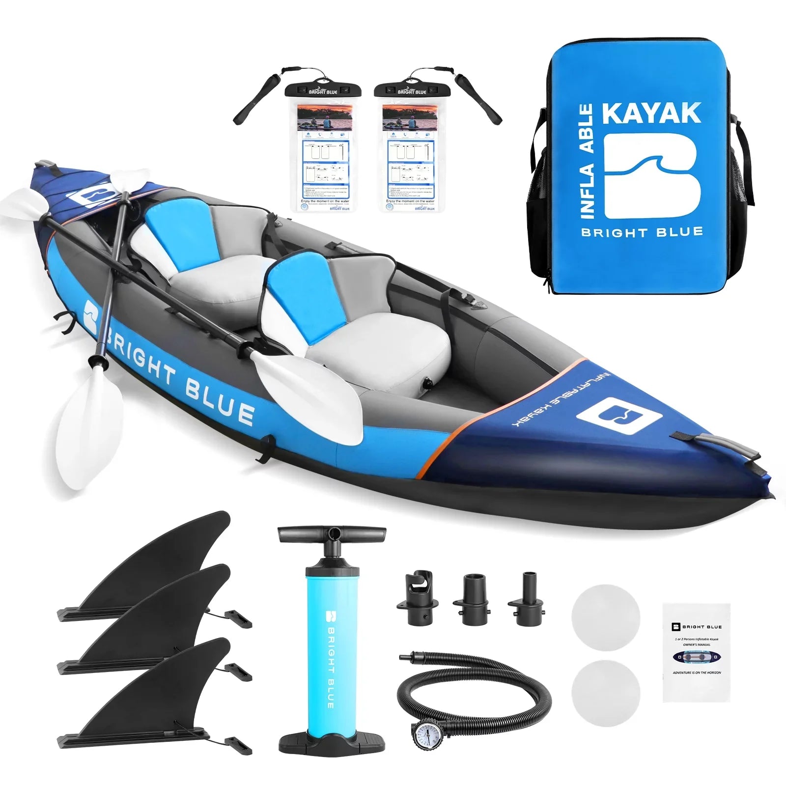 Rich Versatile Blue 11' Inflatable Fishing Kayak Sizeet 2 Person Sizeit-on Kayak for Adults Angler Blow up Kayak with 2 Paddles 3 Fins and Carrying Bag