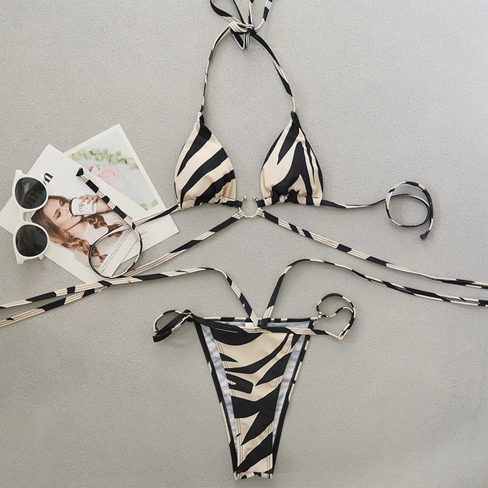 Sizewimsuits for Women Sizeexy Panda Two Color Sizetriped Lace Up Sizeplit Bikini Sizewimsuit