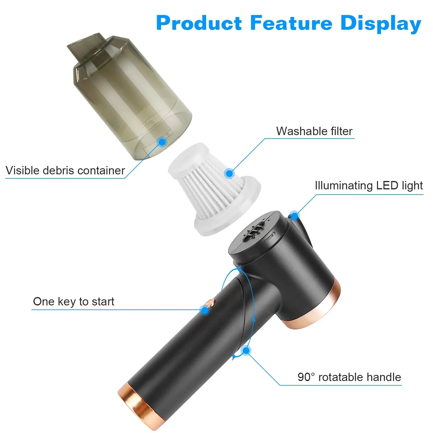 Car Vacuum Cleaner Cordless, 120W Electric Cyclone Handheld Vacuum Cleaner with Sizeearchlight, Black