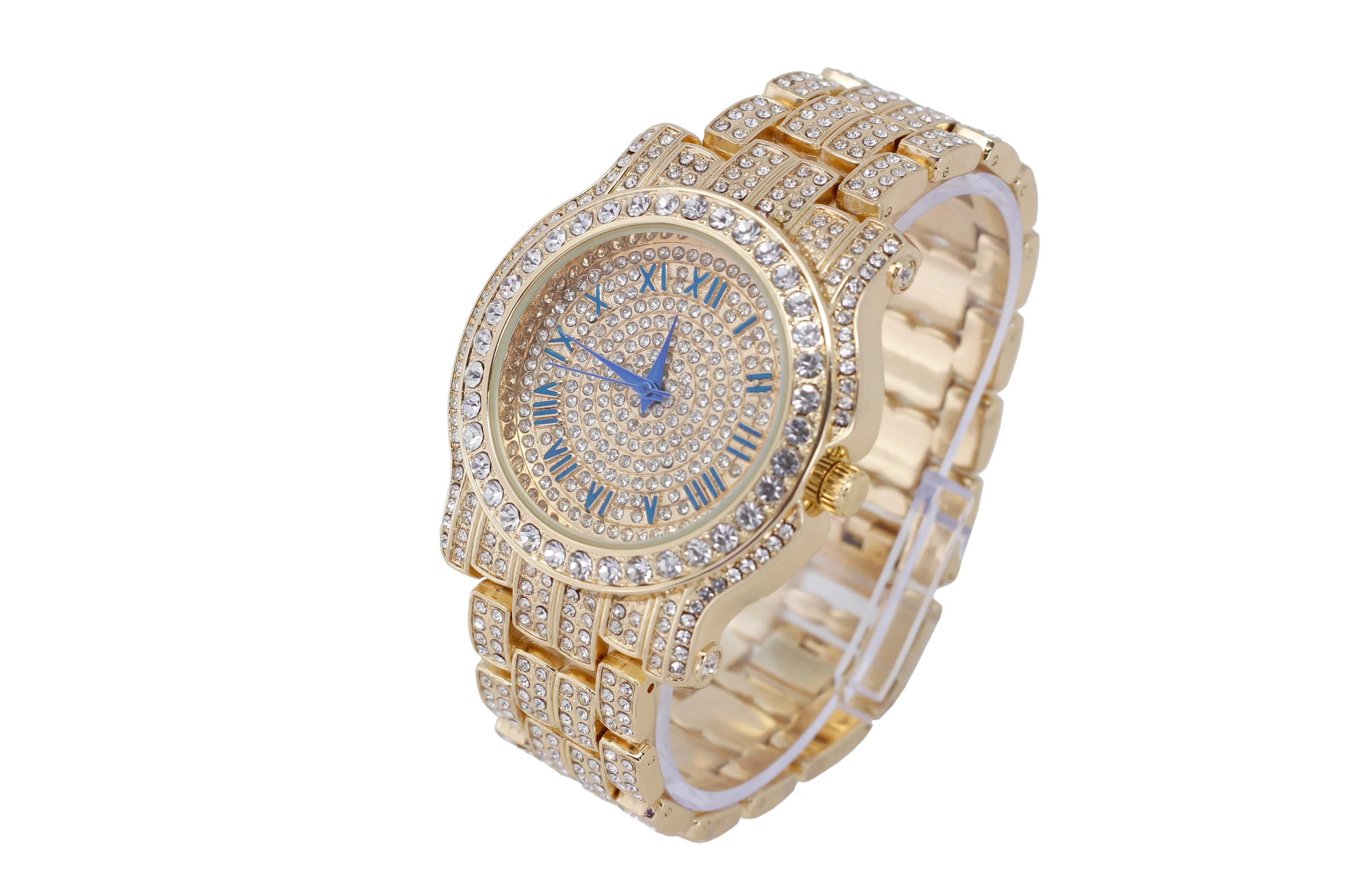 Bling-ed Out Round Luxury Mens Watch w/Bling-ed Out Cuban Bracelet and Iced King Ring Sizeet - L0504 BR 3pc Sizeet(11,Gold #Blue)