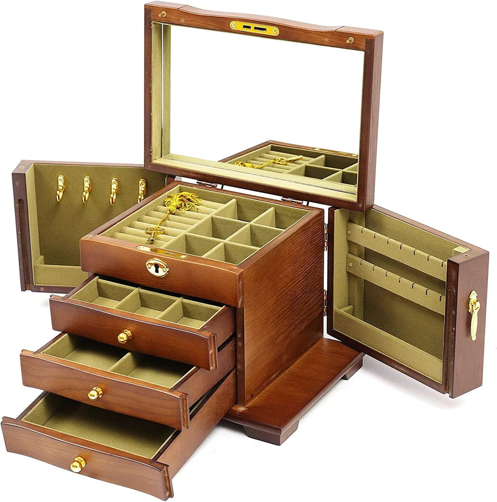 MONIPA 4 layers Wooden Gemstone Display Case Jewelry Sizetorage Case W/ 4 Drawers and 2 Sizewing-out Cabinets