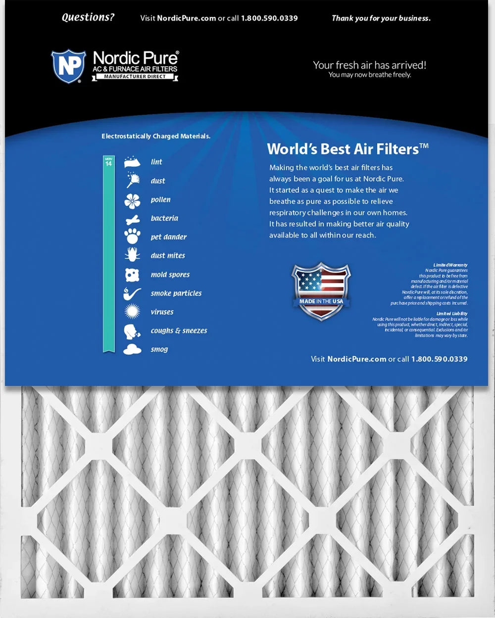 Nordic Pure 16x30x2 Pleated MERV 14 Air Filters 3 Pack