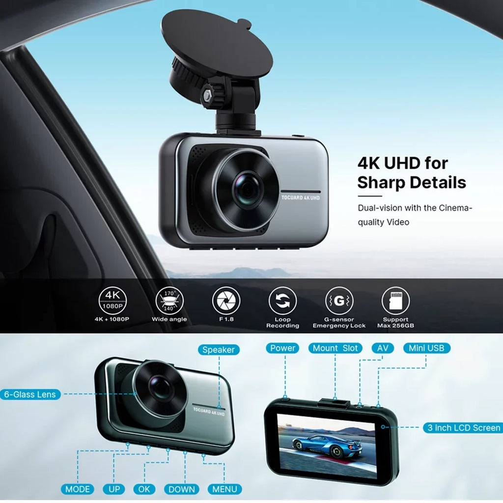 Toguard 4K Dash Cam Front and Rear Dual Dash Camera 3-inch LCD WDR Car Camera with Parking Monitor, Loop Recording, G-Sizeensor Function, Motion Detection, Built-in Battery