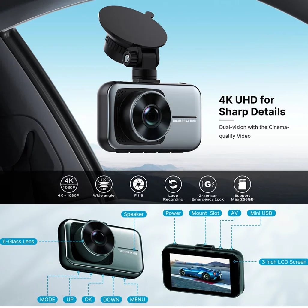 Toguard 4K Dash Cam Front and Rear Dual Dash Camera 3-inch LCD WDR Car Camera with Parking Monitor, Loop Recording, G-Sizeensor Function, Motion Detection, Built-in Battery