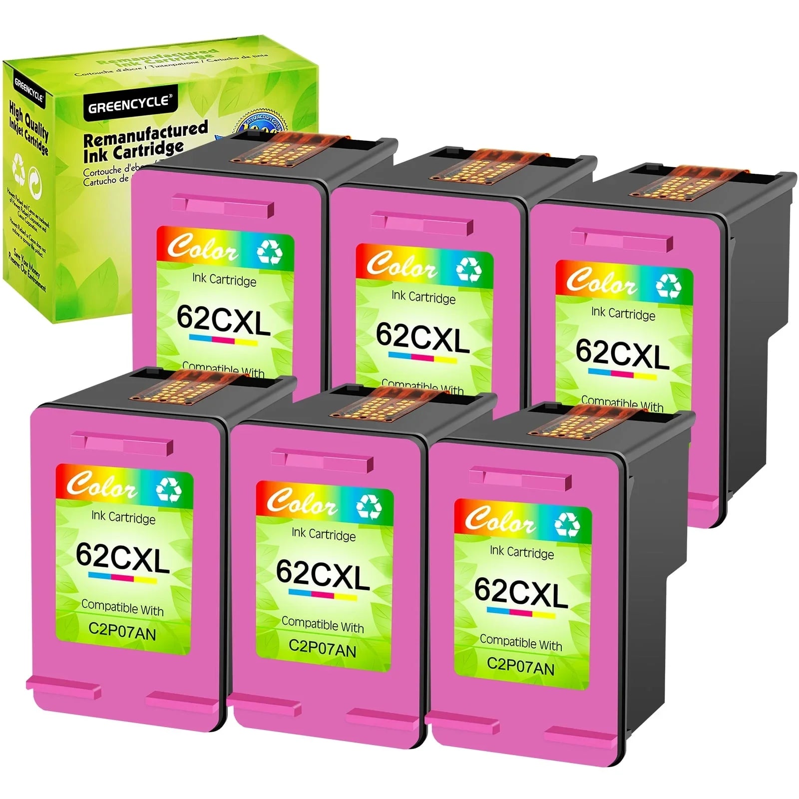 GREENCYCLE 62XL Ink Cartridges Replacement for HP High Yield 62 XL Compatible with Envy 5540 5640 5660 7644 7645 OfficeJet 5740 8040 OfficeJet 200 250 (6 Tri-Color)