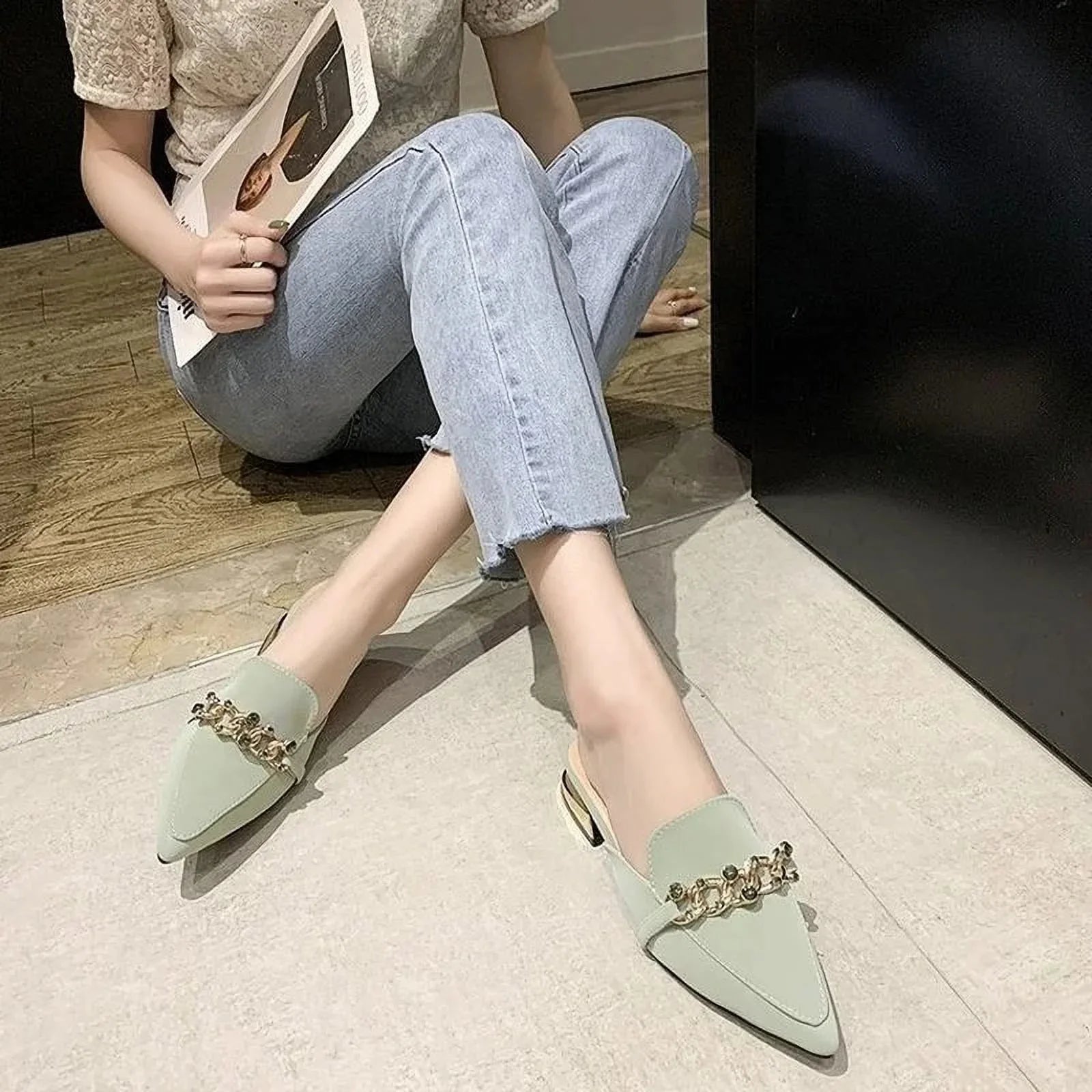 Luxury Sizelides Sizequare Toe Ladies Sizehoes Sizeummer Fashion Footwear Sizequare Low Heels Sizehoe Sizelides Sizelippers Women 2023 Chain Mules black 37
