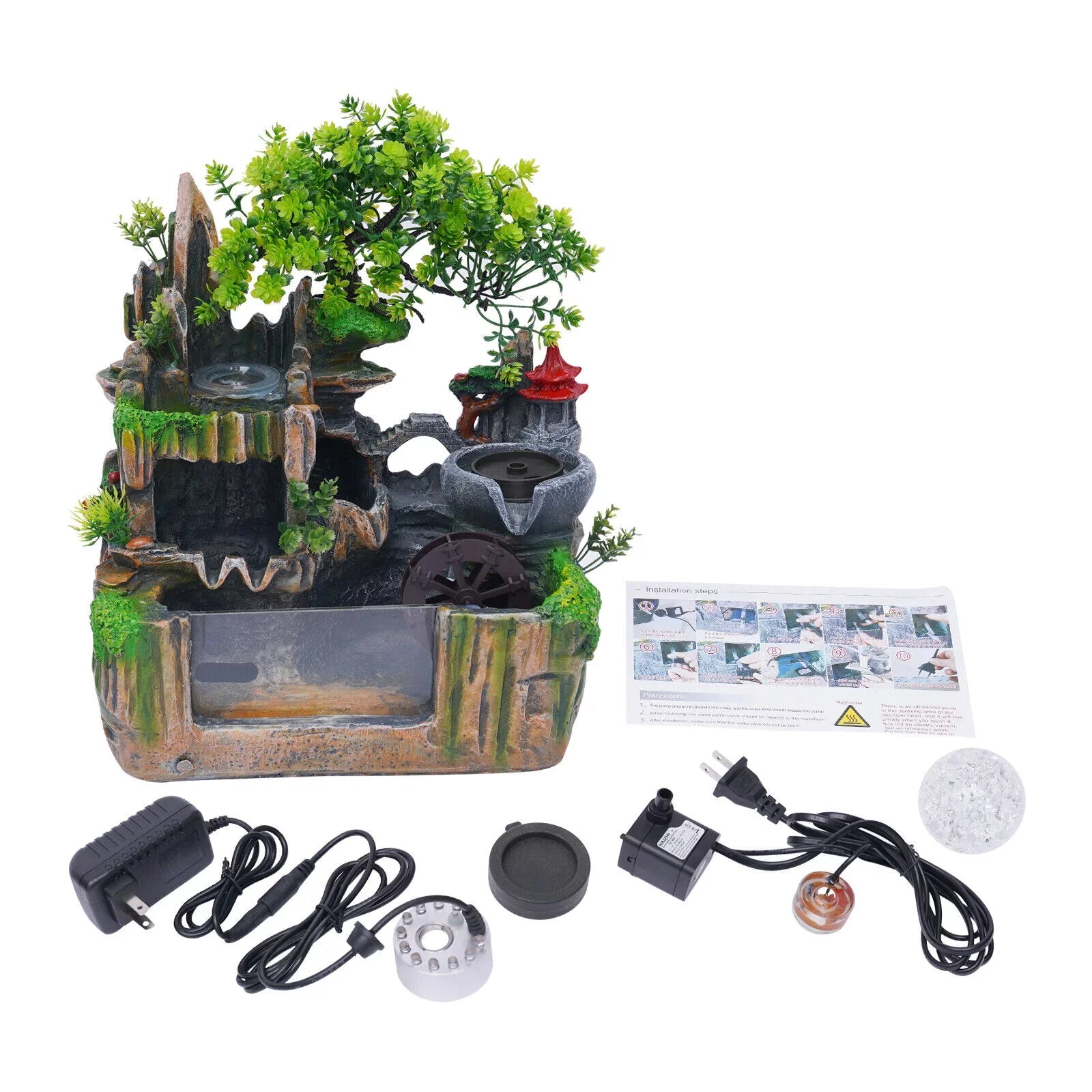 Classical Rockery Fountain with Led Lamp Glass Ball for Indoor Decor + Atomizer