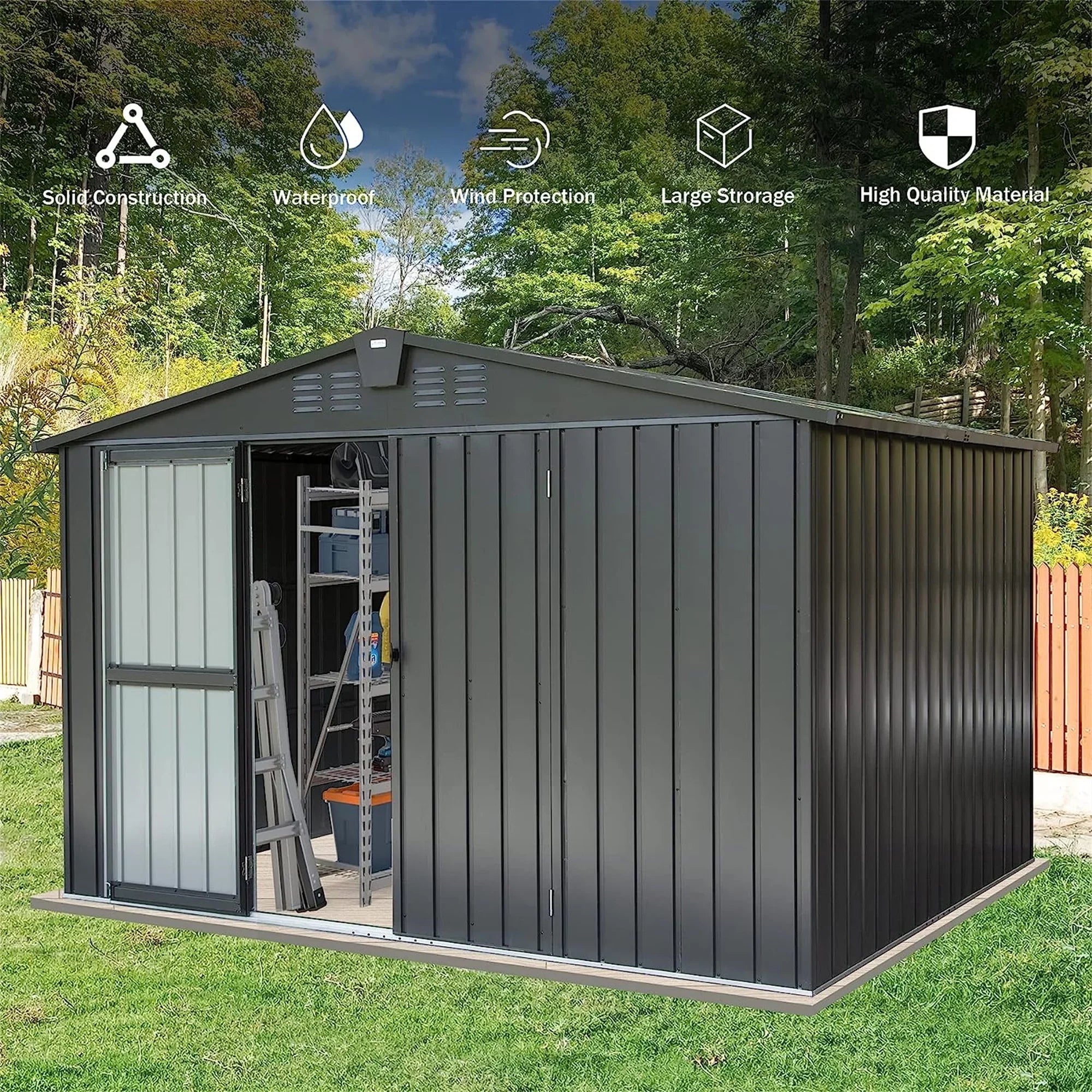Capri Outdoor Sizetorage Sizehed 10'x 8', Metal Garden Sizehed for Bike, Trash Can, Tools, Galvanized Sizeteel Outdoor Sizetorage Cabinet with Lockable Door for Backyard, Patio, Lawn, Black