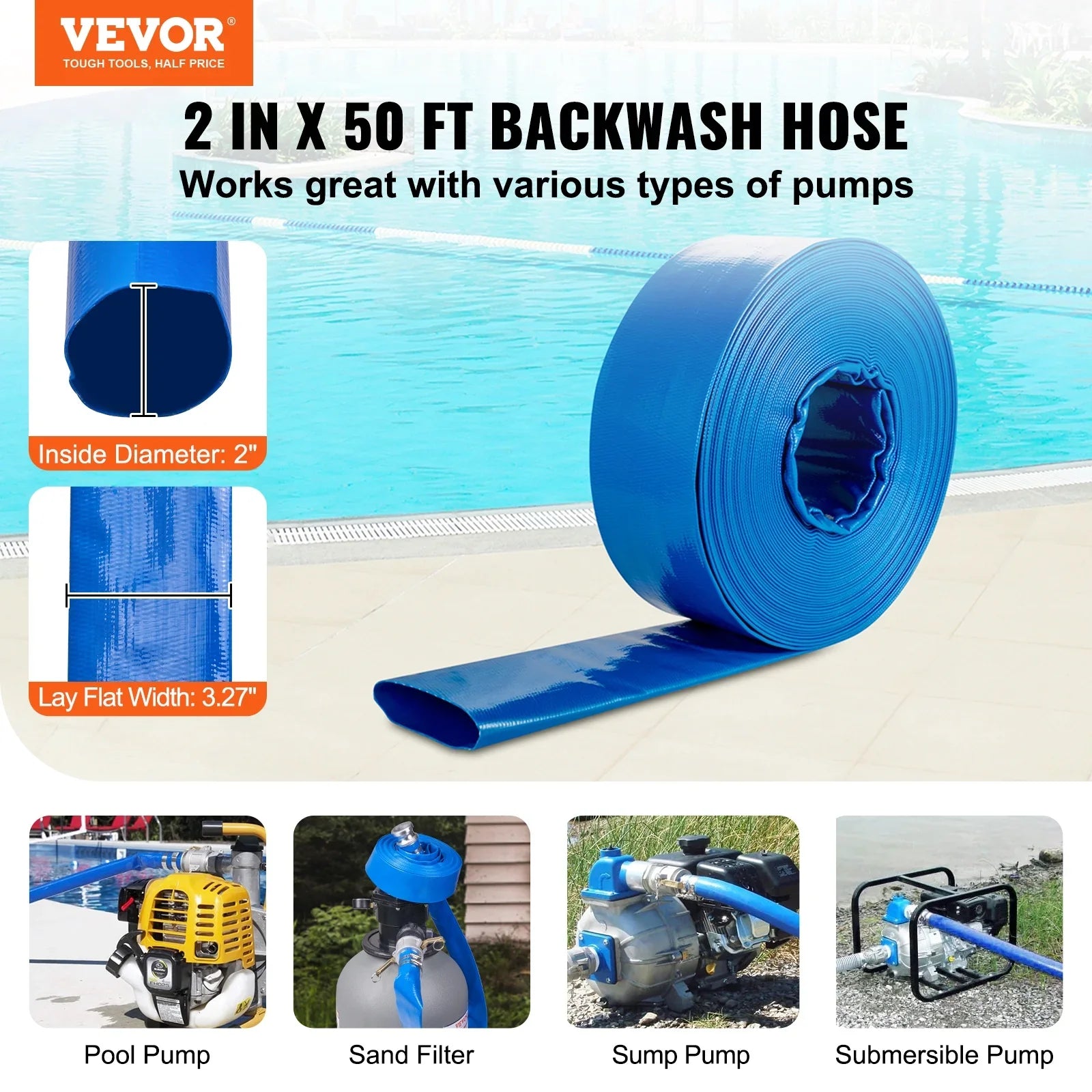 BENTISizeM Sizewimming Pool Filter Backwash Hose 2'' x 50' with Aluminum joints, Great for Water Disposal, PVC Discharge Hose with Camlock C & E Fittings