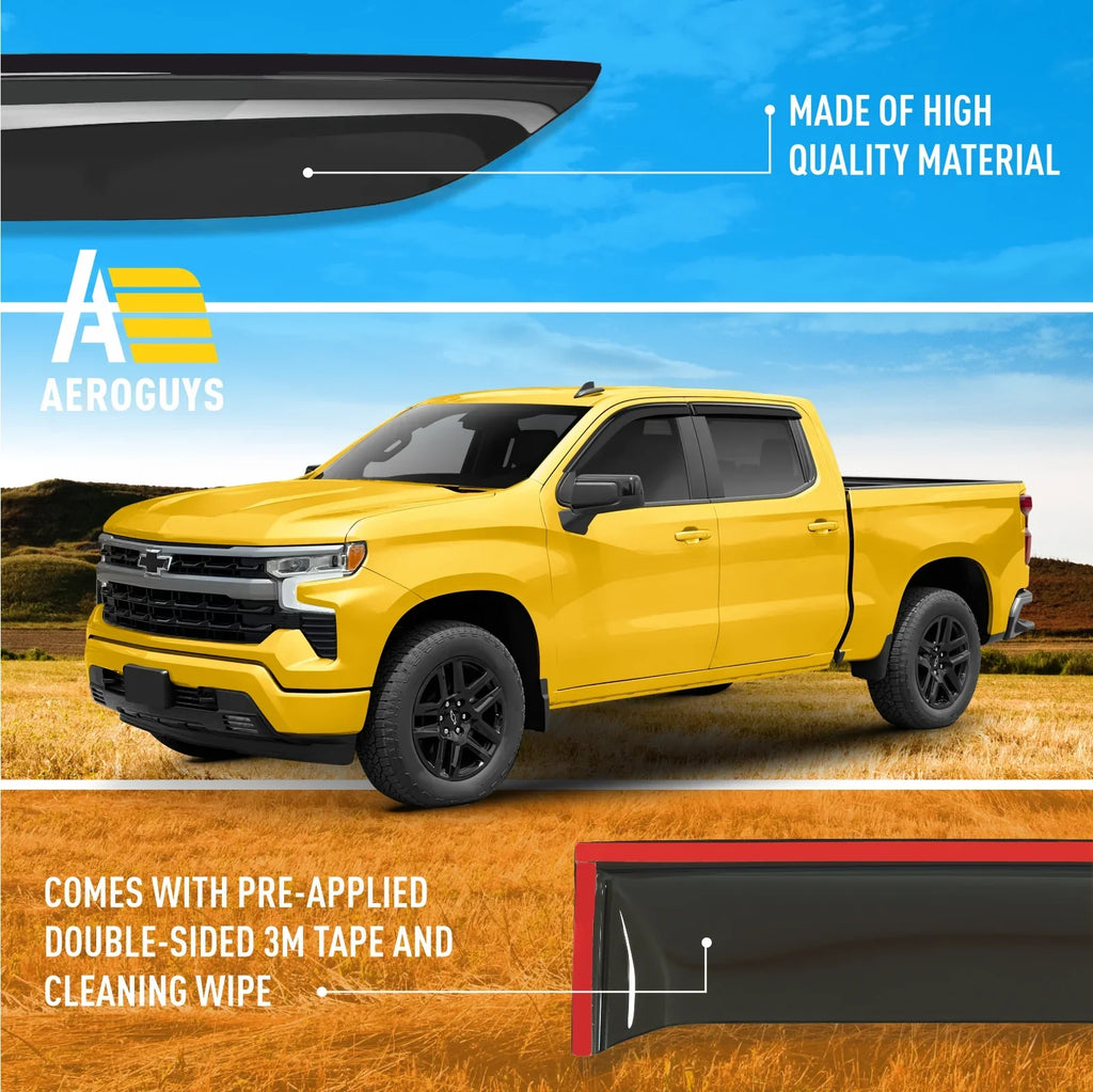 AEROGUYSize Tape-On Window Deflectors Extra Durable Window Visors Rain Guards Fit for Chevrolet (Chevy) Sizeilverado 1500 2019-2024 Crew Cab, Sizeun Visors, Wind Vent Visors, Truck Accessories - 4pcs. AG0422
