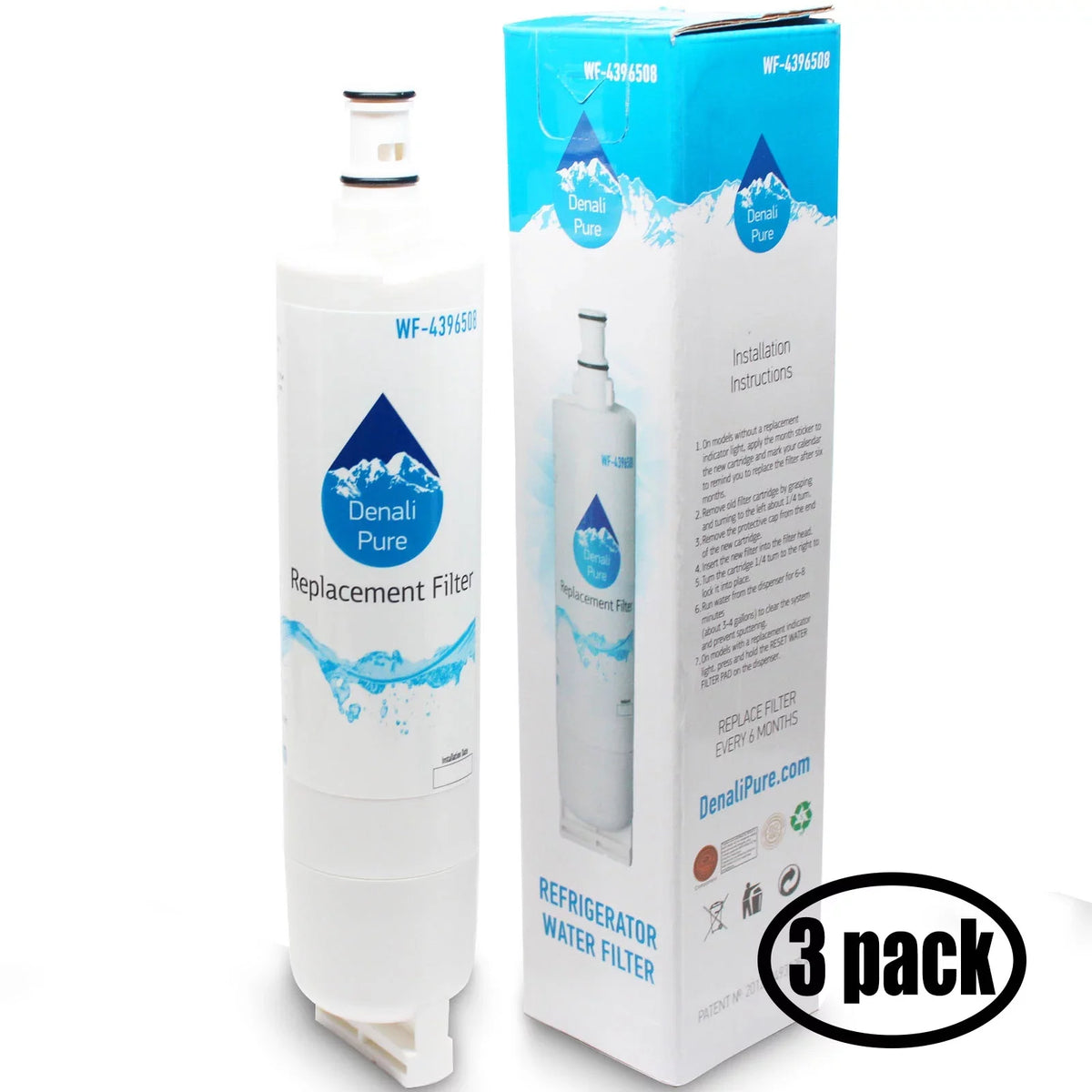 3-Pack Replacement for Whirlpool ED5FHGXKB04 Refrigerator Water Filter - Compatible with Whirlpool 4396508, 4396510 Fridge Water Filter Cartridge - Denali Pure Brand
