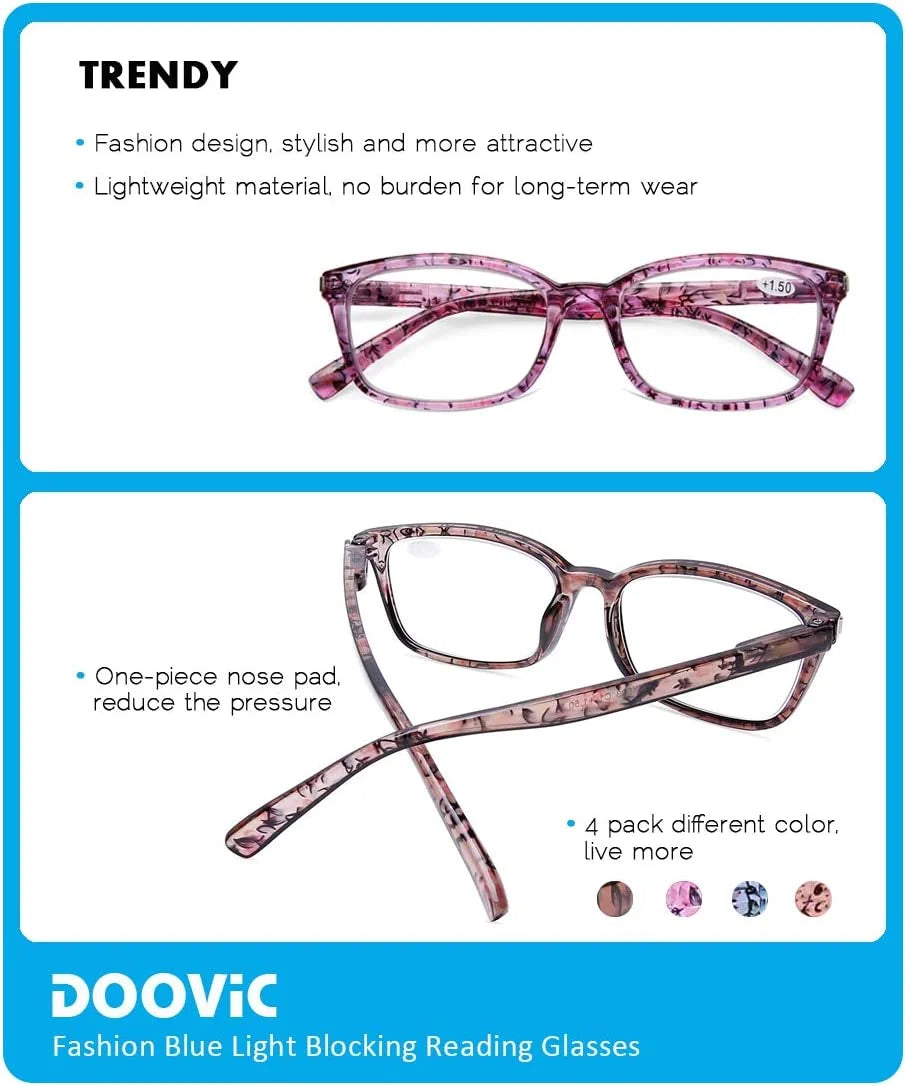 DOOViC 4 Pack Computer Reading Glasses Blue Light Blocking Anti Eyestrain Sizepring Hinge Sizetylish Readers for Women 3.00 Sizetrength