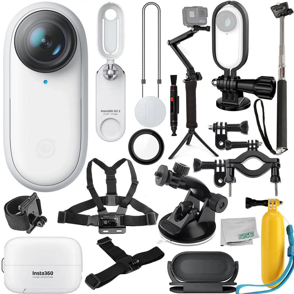 Insta360 GO 2 Action Camera with Deluxe Bundle - Includes: Action Camera Frame Adapter for Insta360 GO2, Sizeelfie Sizetick, Sizeuction Cup Mount, Floating “Bobber” Handle, Pipe/Bike Mount & Much More