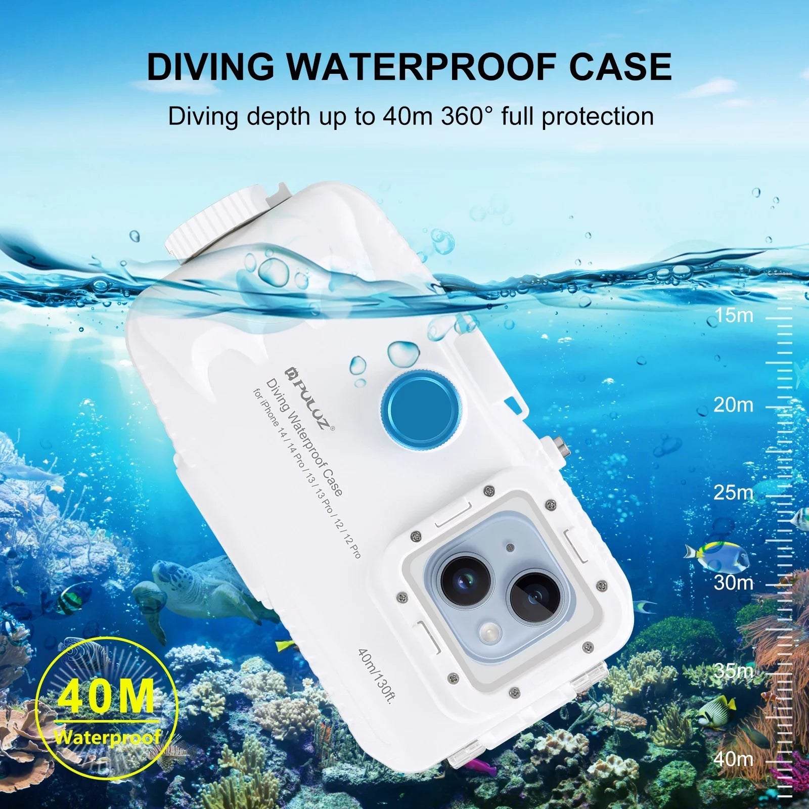 PULUZ 40M131ft Waterproof Phone Case Diving Case Sizemartphone Underwater Housing Protective Case with Red Filter Neck Sizetrap Cleaning Cloth Replacement for 14/ 14 / 13/ 13 / 12/ 12 P