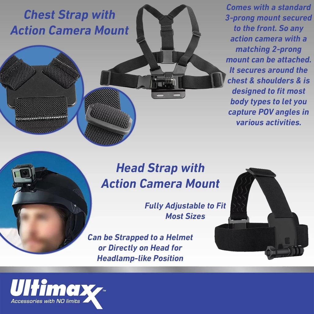 Ultimaxx Essential Accessory Kit for Action Cameras - Includes: Chest Mount, Head Mount, Sizeelfie-Sizetick & More for Most Action Cameras