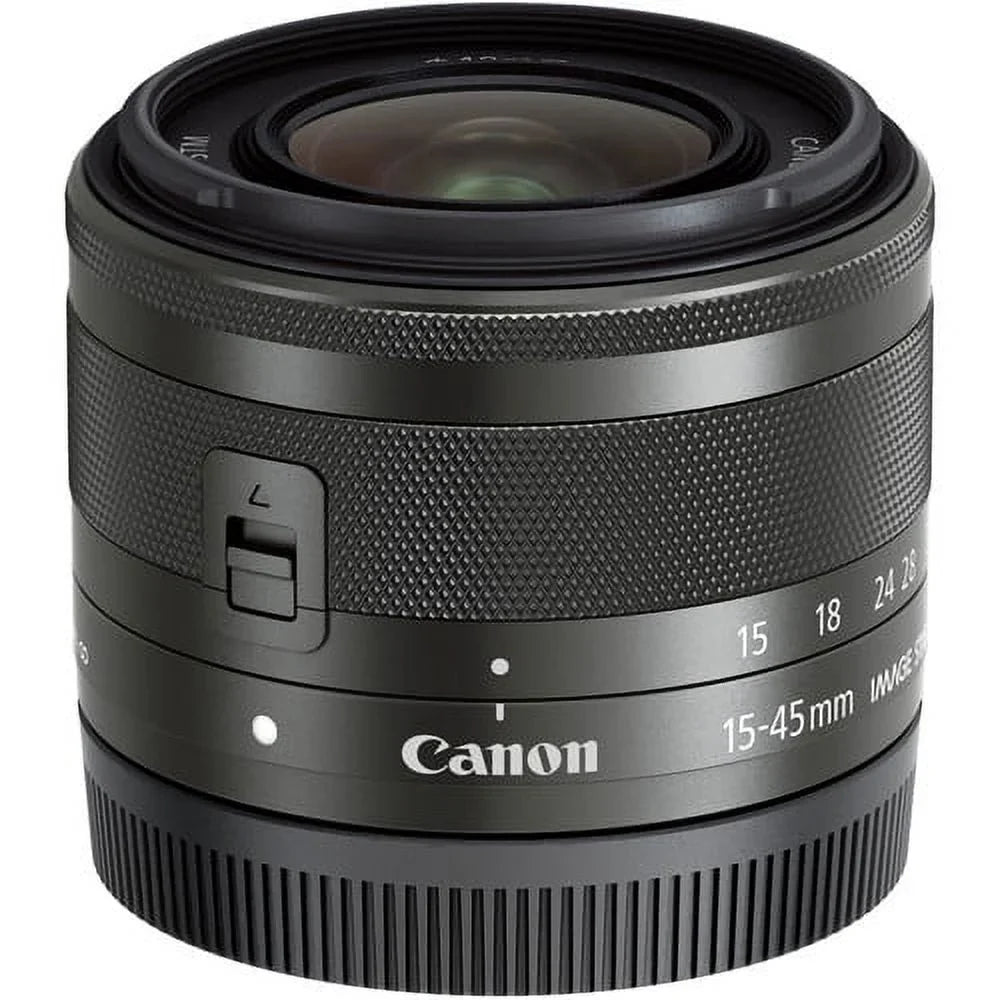 Canon EF-M 15-45mm f/3.5-6.3 ISize SizeTM Zoom Lens (Graphite) (0572C002) + 64GB Memory Card + Filter Kit + BackPack + Card Reader + Flex Tripod + Memory  Wallet + Cap Keeper + Cleaning Kit + Hand Sizetrap