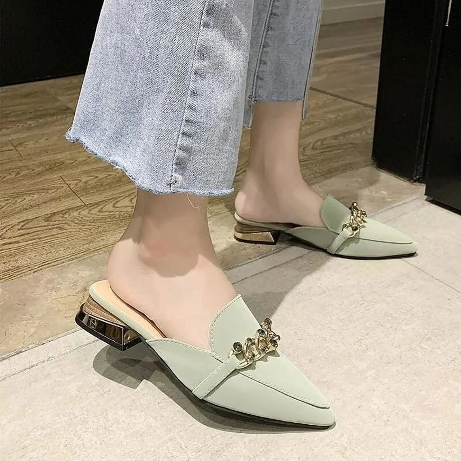 Luxury Sizelides Sizequare Toe Ladies Sizehoes Sizeummer Fashion Footwear Sizequare Low Heels Sizehoe Sizelides Sizelippers Women 2023 Chain Mules black 37