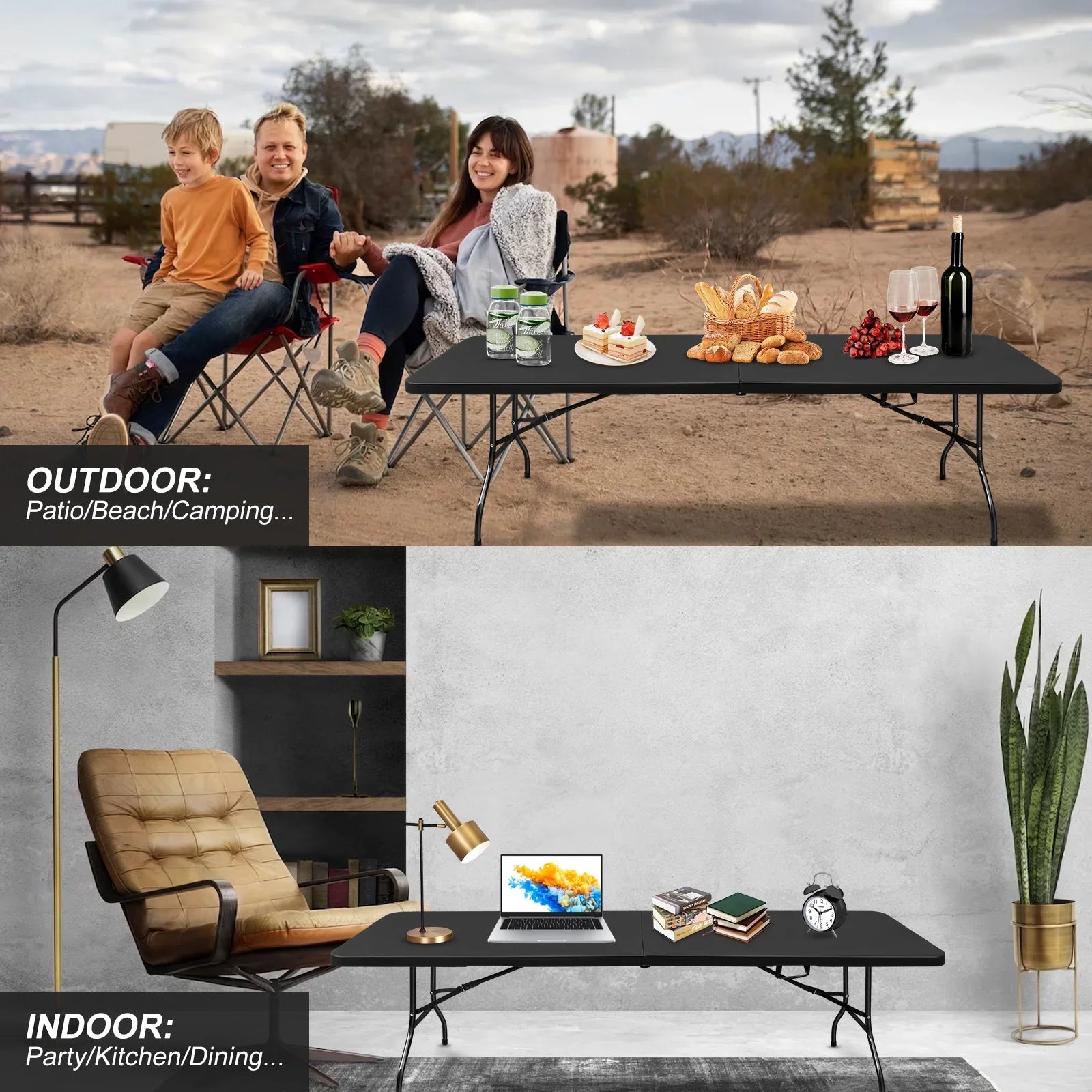Al Fresco 8ft Portable Folding Table Plastic Indoor Outdoor Picnic Party Camp Dining Table with Handle, Black
