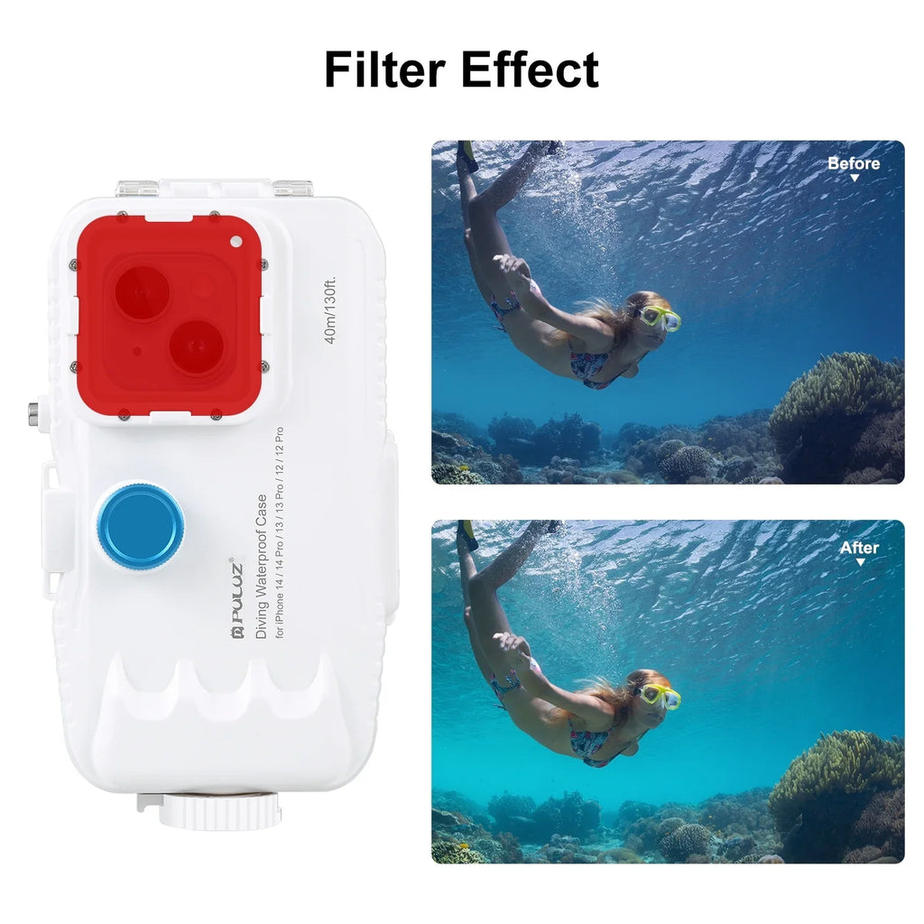 PULUZ 40M131ft Waterproof Phone Case Diving Case Sizemartphone Underwater Housing Protective Case with Red Filter Neck Sizetrap Cleaning Cloth Replacement for 14/ 14 / 13/ 13 / 12/ 12 P