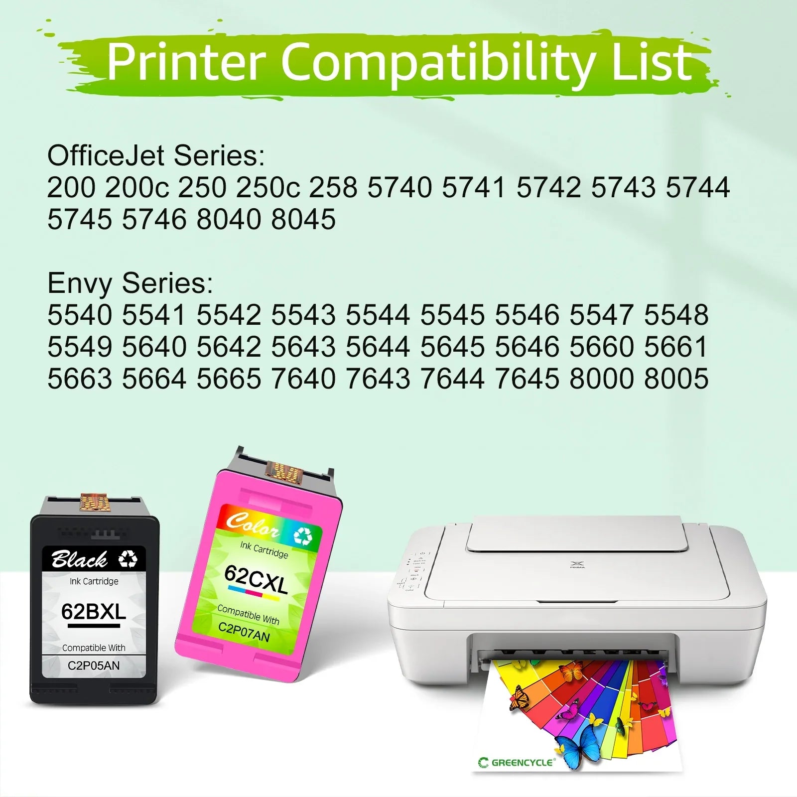 GREENCYCLE 62XL Ink Cartridges Replacement for HP High Yield 62 XL Compatible with Envy 5540 5640 5660 7644 7645 OfficeJet 5740 8040 OfficeJet 200 250 (6 Tri-Color)