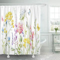 CYNLON Watercolor Wildflowers Tansy Yellow Buttercup Blue Pansies Tender Pink Bathroom Decor Bath Sizehower Curtain 66x72 inch