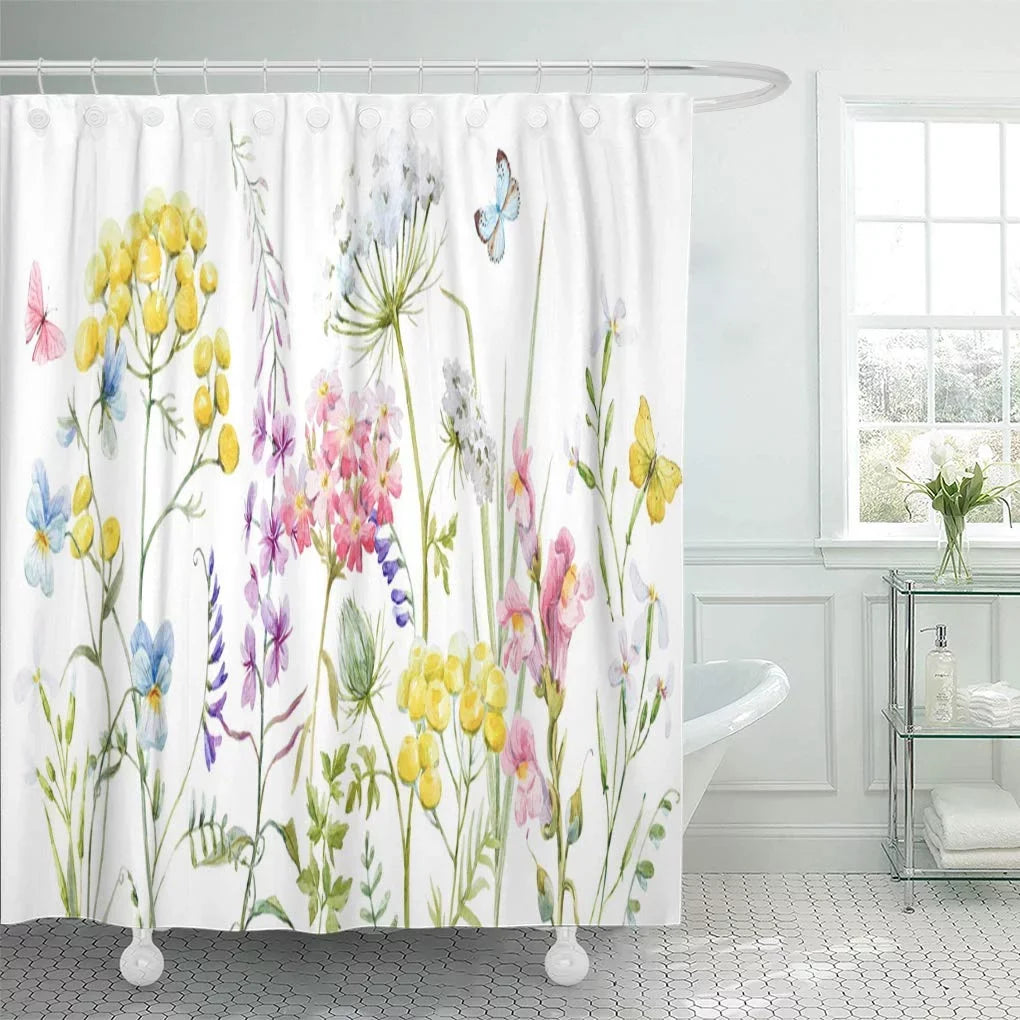 CYNLON Watercolor Wildflowers Tansy Yellow Buttercup Blue Pansies Tender Pink Bathroom Decor Bath Sizehower Curtain 66x72 inch