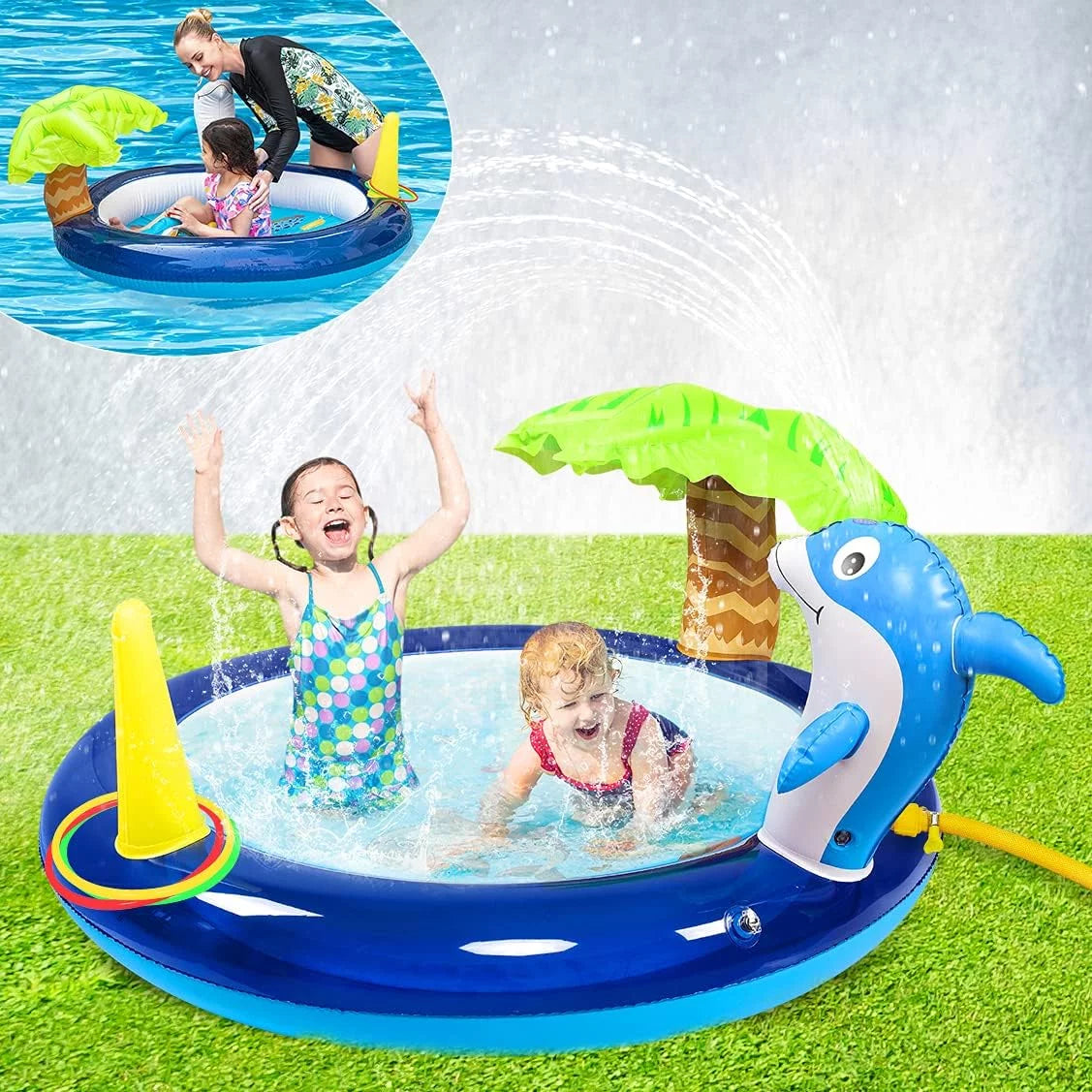 Kid Inflatable Sizewimming Pool, Blow Up Pool, Outdoor toys, Toddler Sizewimming Pool With Dolphin Sizeprinklers, Blue