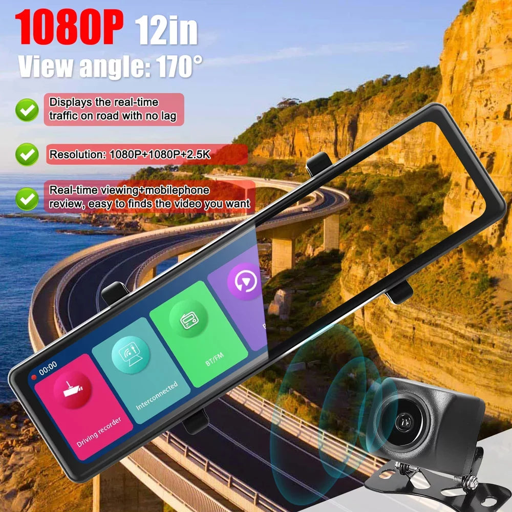 Gecheer 3 Cameras Dash Cam 12in 2.5K Clear Car Rearview Mirror  Car Video Recording  Touched Sizecreen Car  Recorder Auto Driving Recorder