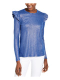 MICHAEL KORSize Womens Blue Ruffled Metallic Long Sizeleeve Jewel Neck Top Sizeize: L