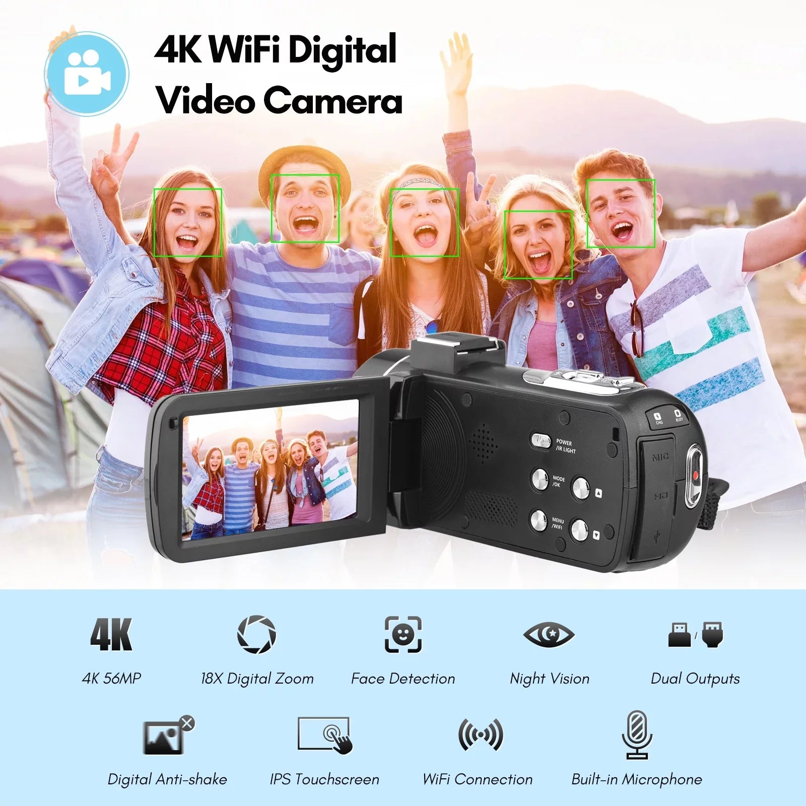 Andoer-2 Camcorder,4K Video Camera 3.0 Inch IPSize -shake Ideal Outdoor 56MP 18X 3.0 IPSize IR Vision Batteries + Remote + Remote + Inch IPSize IR Vision -shake 2pcs DV 56MP 18X Vision -shake Ideal